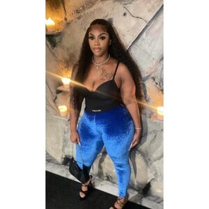 Tom Ford Black Bodysuit with Royal Blue Velvet Leggings